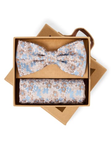 Finshley & Harding London Fliege und Einstecktuch in beige hellblau - 0001