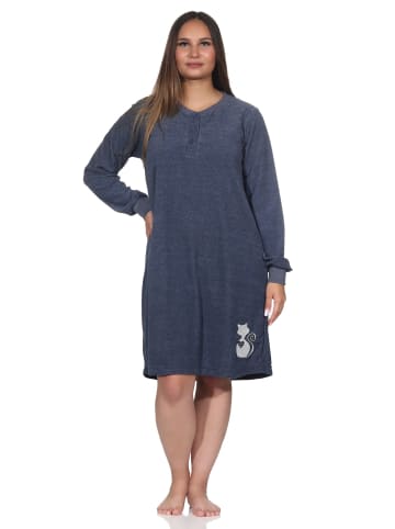 NORMANN Frottee Nachthemd langarm Faulti Katze - 82128 in blau