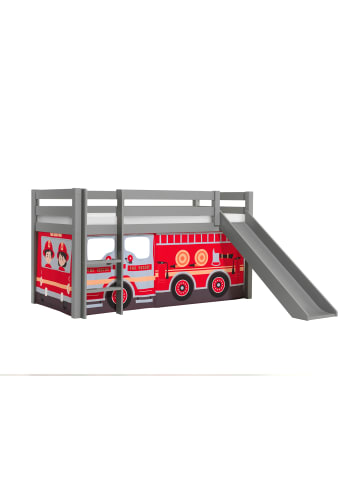58 aufm Kessel KINDERBETT mit Rutsche Karolina Massivholz Grau Textilset Feuerwehr