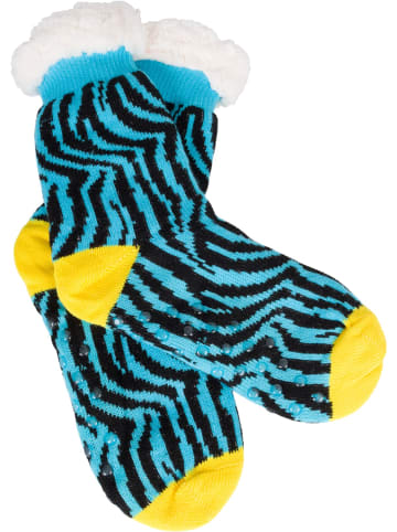 styleBREAKER ABS Kuschelsocken mit Animal Print in Zebra-Gelb-Blau-Schwarz