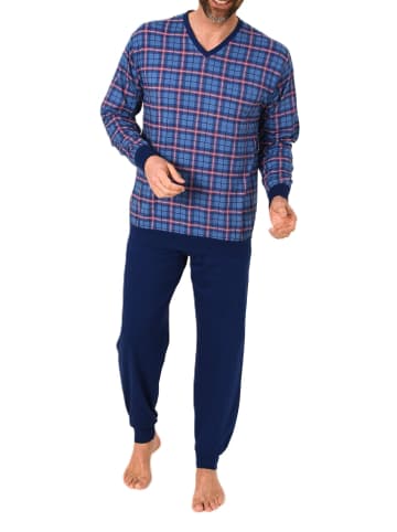 NORMANN Langarm Schlafanzug Bündchen Jersey und karierten Pyjama Oberteil in marine