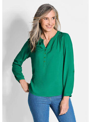 GOLDNER Kurzgröße: Elegante Viskosebluse mit V-Ausschnitt in dunkelgrün