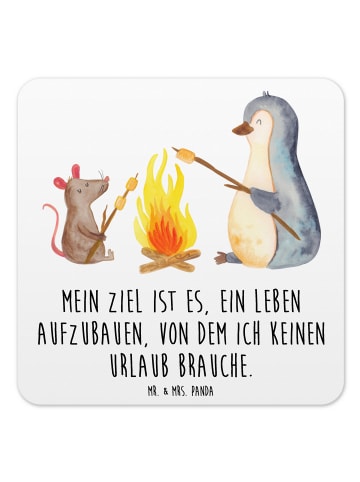 Mr. & Mrs. Panda Tischuntersetzer Pinguin Lagerfeuer mit Spruch in Weiß
