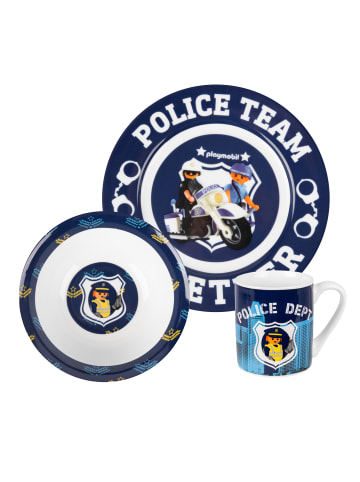 United Labels 3-tlg Playmobil Frühstücksset - Police Team - Teller, Schale und Tasse in blau