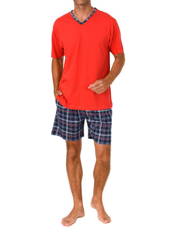 NORMANN Schlafanzug kurzarm Shorty mit karierter Jersey Hose in rot
