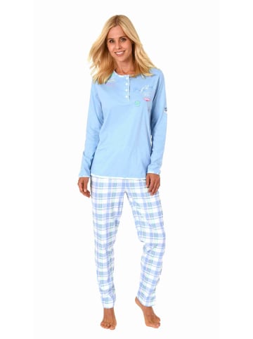 NORMANN Schlafanzug langarm Pyjama karierter Hose Jersey in hellblau