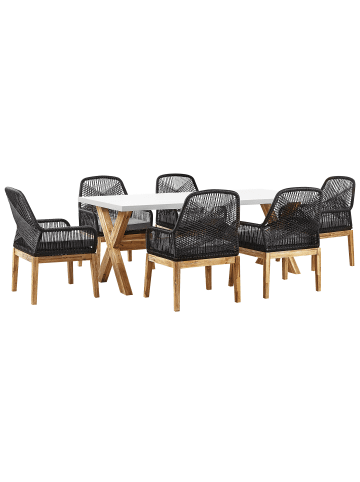 Beliani 7-tlg Gartentisch Set OLBIA in Weiß/Schwarz/Heller Holzfarbton
