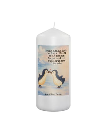 Mr. & Mrs. Panda Kerze Pinguine Kuss Design mit Spruch in Weiß