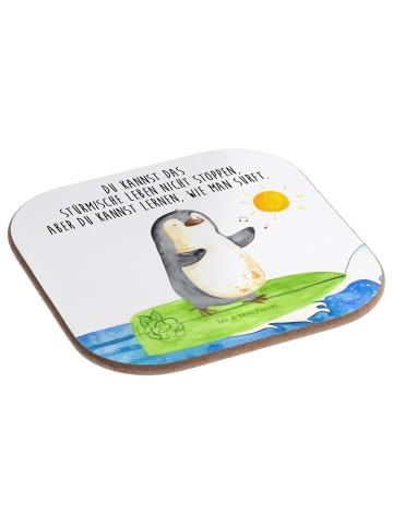 Mr. & Mrs. Panda Getränkeuntersetzer Pinguin Surfer mit Spruch in Weiß