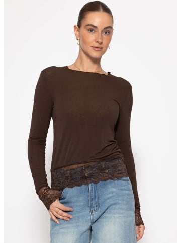 SASSYCLASSY Langarmshirt mit Spitze und Kaschmiranteil in Braun