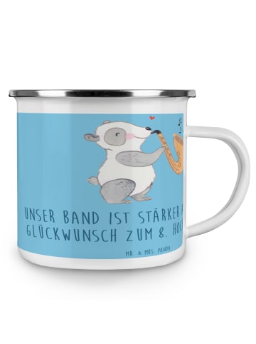 Mr. & Mrs. Panda Camping Emaille Tasse 8. Hochzeitstag Blechhoch... in Sky Blue