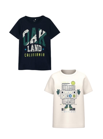 name it T-Shirt 2er-Set Kurzarm Rundhals Regular Fit Print in Weiß-Dunkelblau