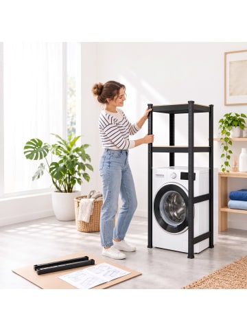 relaxdays Waschmaschinenregal in Schwarz/ Braun - (B)70 x (H)150 x (T)40 cm