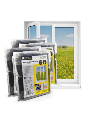 EASYmaxx Moskitonetz Fenster 4er-Set 110x130cm schwarz mit Klettverschluss Transparent