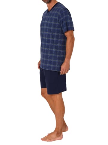 NORMANN kurzarm Schlafanzug Shorty Pyjama karierten Oberteil - 71933 in blau-melange