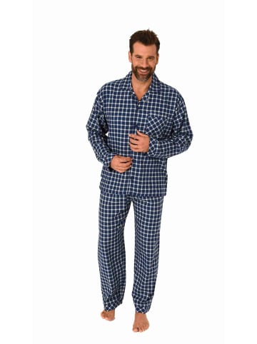 NORMANN Flanell Pyjama langarm Schlafanzug zum durchknöpfen in navy