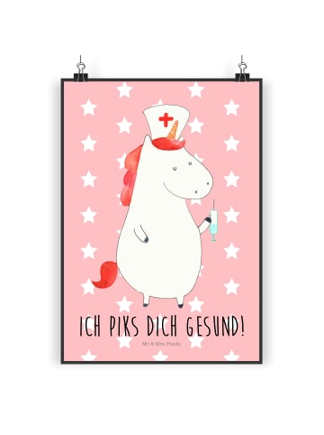 Mr. & Mrs. Panda Poster Einhorn Krankenschwester mit Spruch in Rot Pastell