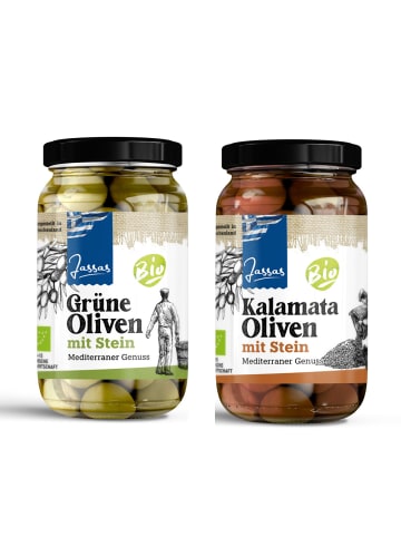 Granar 2 x 920g Oliven Duo: Bio grüne Atalanti Oliven & Bio Kalamata Oliven aus Kreta