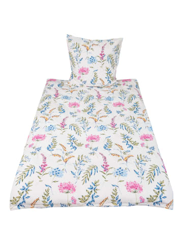 Traumschloss Seersucker Sommer Bettwäsche - pastel, bunte Blüten und Zweige auf weißem Hintergrund in weiß