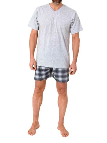 NORMANN Schlafanzug kurzarm Shorty mit karierter Jersey Hose in grau