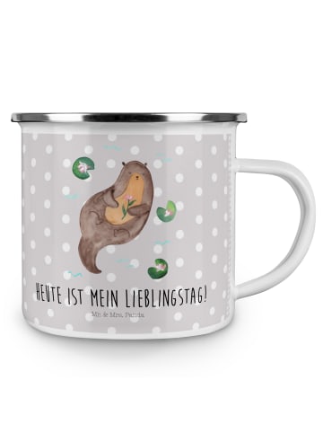 Mr. & Mrs. Panda Emaille Becher Otter Seerose mit Spruch in Grau Pastell