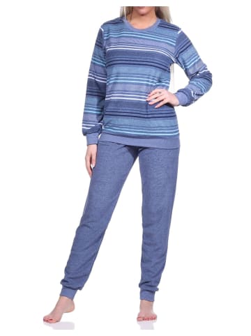 NORMANN Frottee Schlafanzug Bündchen  Streifendesign - 75856 in blau-melange