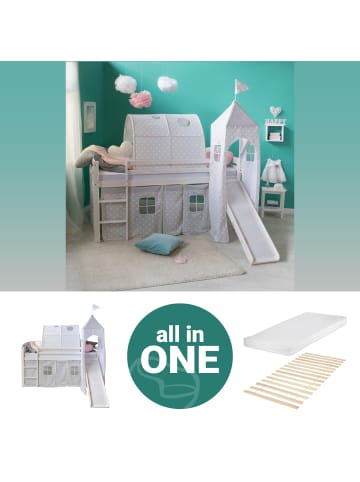 Homestyle4u Hochbett 90x200 mit Vorhang, Lattenrost, Matratze, Rutsche, Tunnel, Turm Weiß