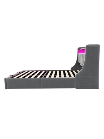 ABRIHOME Doppelbett 180 x 200 cm mit Steckdose und Ablagefach, LED Beleuchtung, Grau