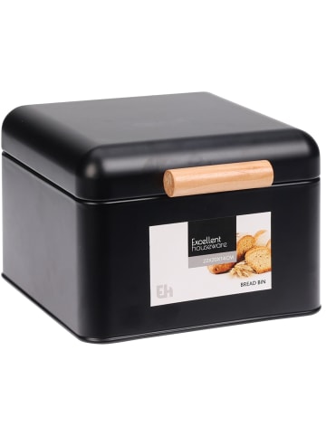 Excellent Houseware Metallbrotkasten mit Holzgriff in Schwarz, 22 x 20 x 14 cm