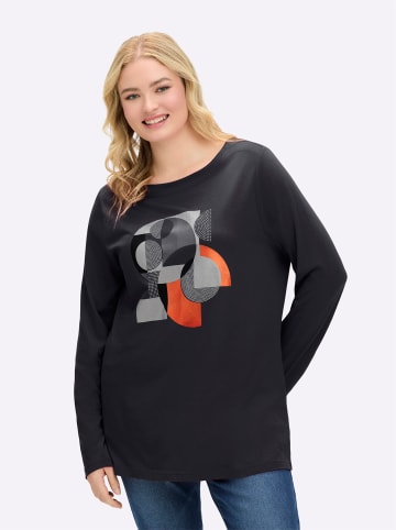 sheego Langarmshirt in schwarz-silberfarben-bedruckt