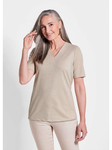 GOLDNER Kurzgröße:  Shirt Braunes Halbarm-Shirt mit Glanzeffekt in beige