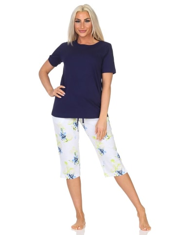 NORMANN Schlafanzug kurzarm Pyjama floraler Print Jersey in marine