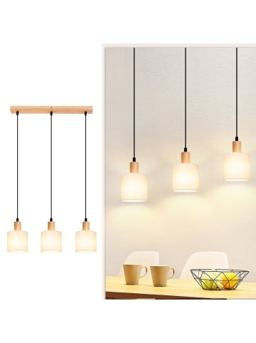 ZMH Pendelleuchte in Weiß 3-flammige E14 Holz Stoffschirm vintage Esszimmerlamp
