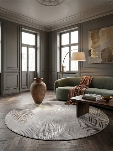 KADIMA DESIGN Teppich rund Floral pflegeleicht Wohnzimmer Schlafzimmer Flur Esszimmer in Grau