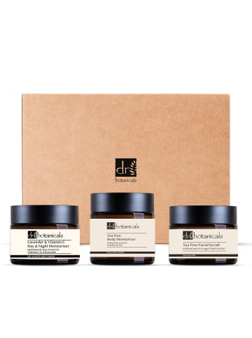Dr Botanicals 3tlg Set Gesichtsscrub, Tages- und Nachtcreme, Teebaumöl Körpercreme