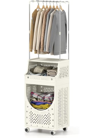 COSTWAY 3-stufig Kleiderstangen schmal mit Wäschekorbwagen in Beige