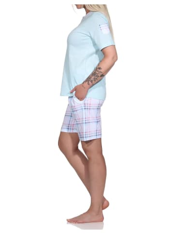 NORMANN kurzarm Schlafanzug Shorty karierter Hose Jersey - 79025 in hellblau