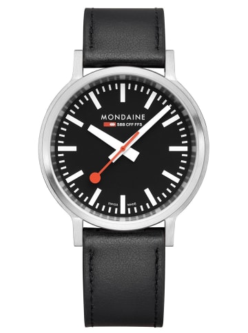 Mondaine Herrenuhr stop2go mit Veganem Band 41 mm Schwarz / Silber