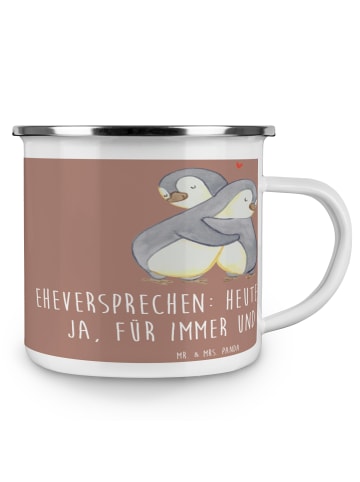 Mr. & Mrs. Panda Camping Emaille Tasse Eheversprechen für immer ... in Braun Pastell