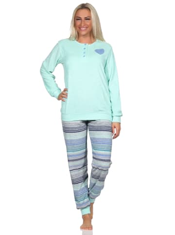 NORMANN Frottee langarm Schlafanzug Pyjama Streifen - 80661 in blau