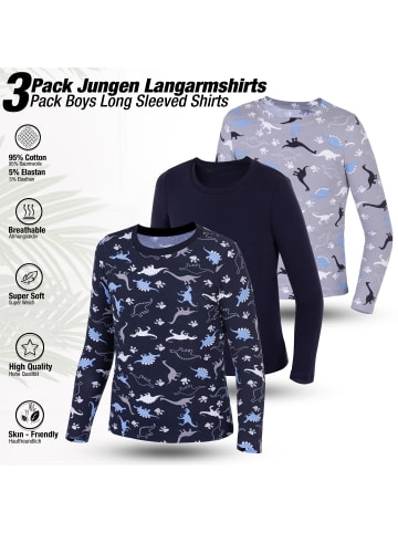 LOREZA 3er Set Langarmshirts - Dino - Mehrfarbig