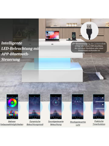 ABRIHOME Anhebbarer Couchtisch mit USB-C&USB-Ladebuchse und LED in Weiß, 100*50*51.5cm