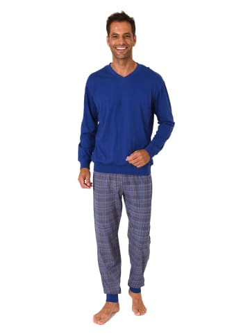 NORMANN langarm Schlafanzug Pyjama Bündchen und karierter Jersey Hose - 83174 in blau