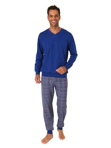 NORMANN langarm Schlafanzug Pyjama Bündchen und karierter Jersey Hose in blau