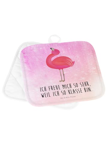 Mr. & Mrs. Panda Topflappen Flamingo Stolz mit Spruch in Aquarell Pink