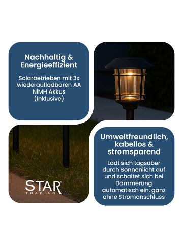 STAR Trading Solar LED Pollerleuchten Fride 3er Set 34 cm Schwarz – Außenbeleuchtung