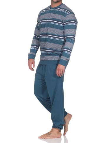 NORMANN Langarm Schlafanzug Pyjama Bündchen Streifen in blau