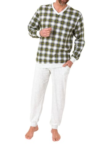 NORMANN Langarm Schlafanzug Bündchen Jersey und karierten Pyjama Oberteil in grau-mel.