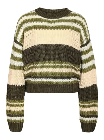 Noisy may Gestreifter Pullover mit Rundhalsausschnitt und Strickdesign in Olive