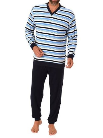 NORMANN Frottee Schlafanzug langarm Bündchen gestreifter - 77520 in grün